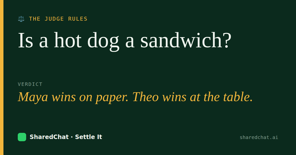 Verdict card: Is a hot dog a sandwich? — Maya wins on paper. Theo wins at the table.